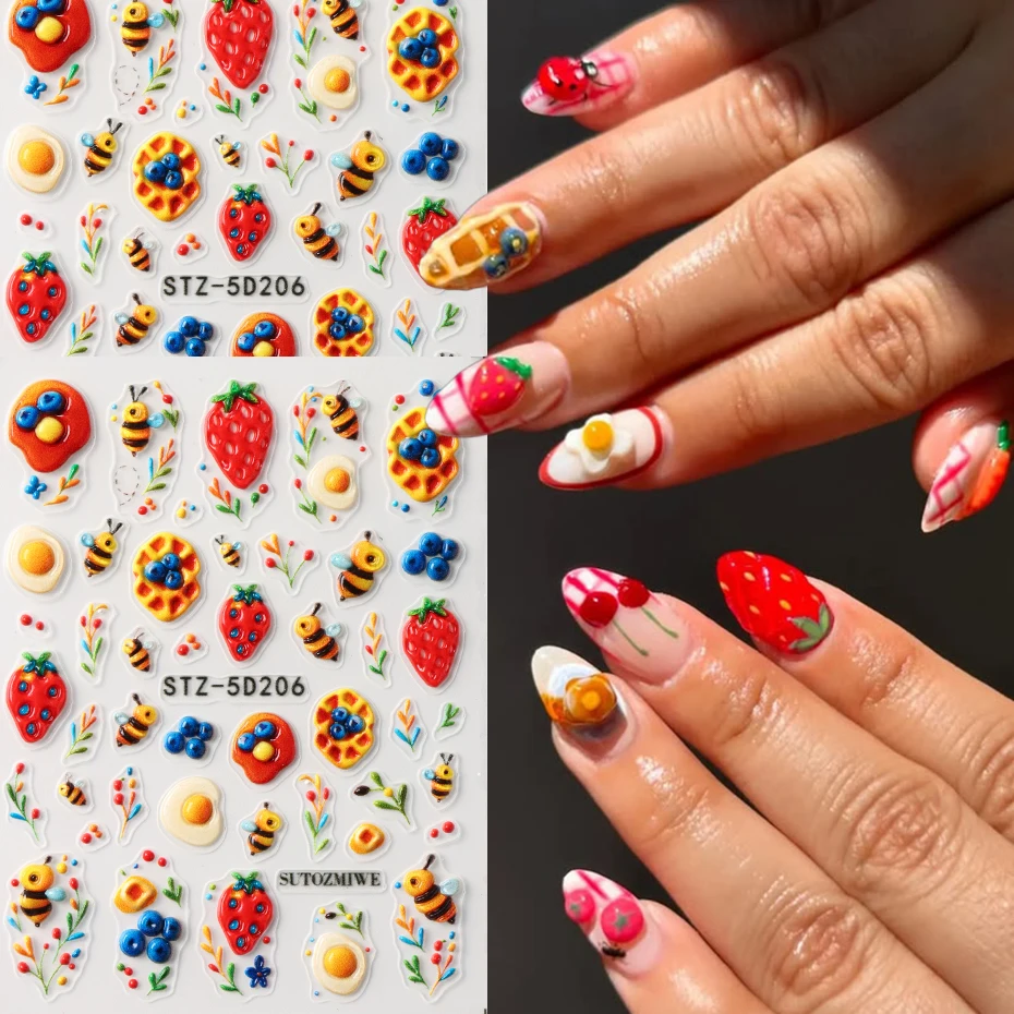 Geprägte Sommerfrucht-Nagelaufkleber - Erdbeeren, Blaubeeren, Bienen-Design Selbstklebende Blumen-Dekorationsaufkleber DIY Nagel-Deko