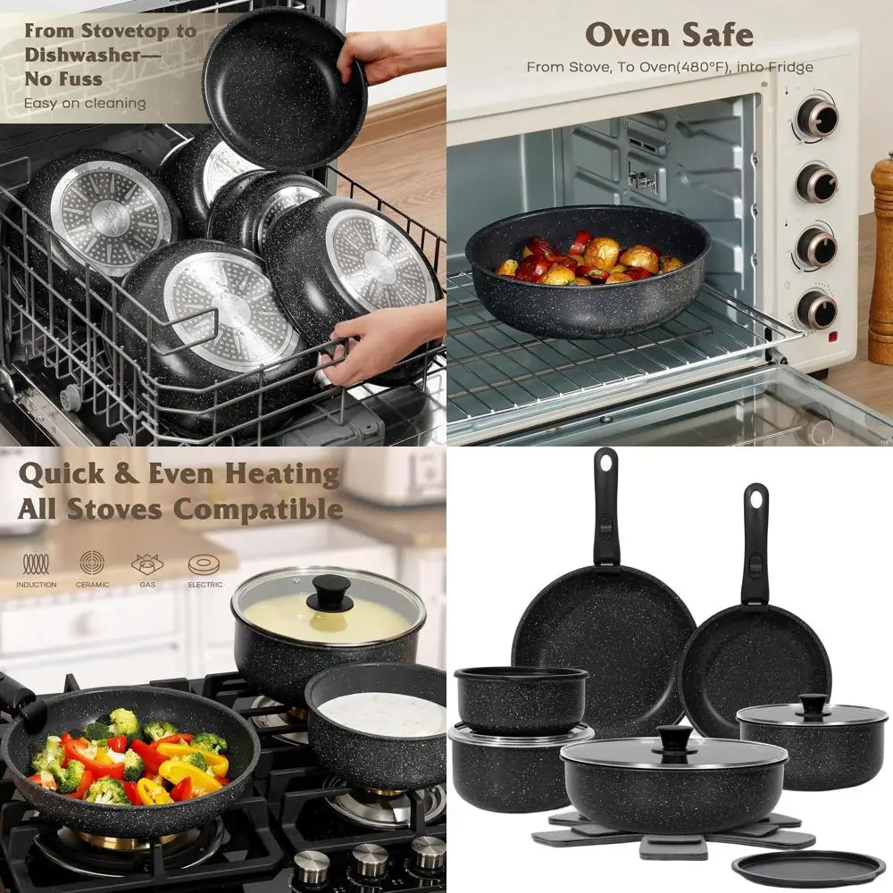 

Non-Stick 17-Piece Cookware Set with Detachable Handles, Stackable Oven-Safe Induction Cookware for RV Kitchen, Black