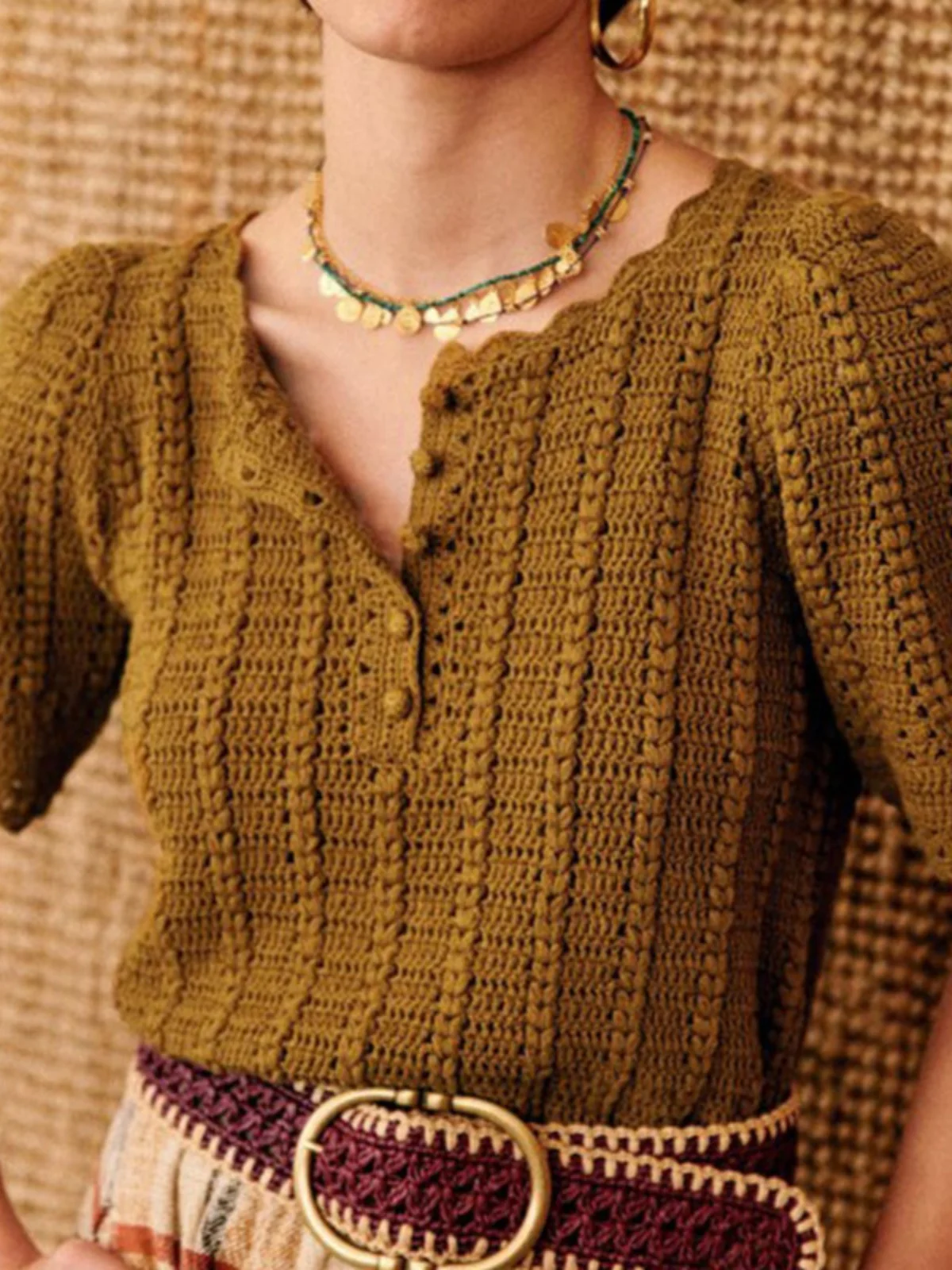 Französisches Nischen-Sommer-Strickpullover im Retro-Oma-Stil, handgefertigt, Blütenblatt-Jacquard, reine Baumwolle, Blasenärmel, gestrickt