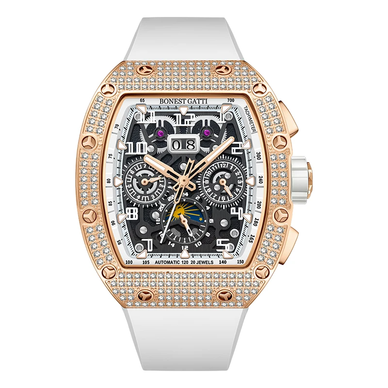 BONEST GATTI-Montre-Bracelet Mécanique pour Homme, existent, Tonneau, Saphir, Shoous, Fluorubber, Bracelet, Mois, Semaine, Date, 44x52mm