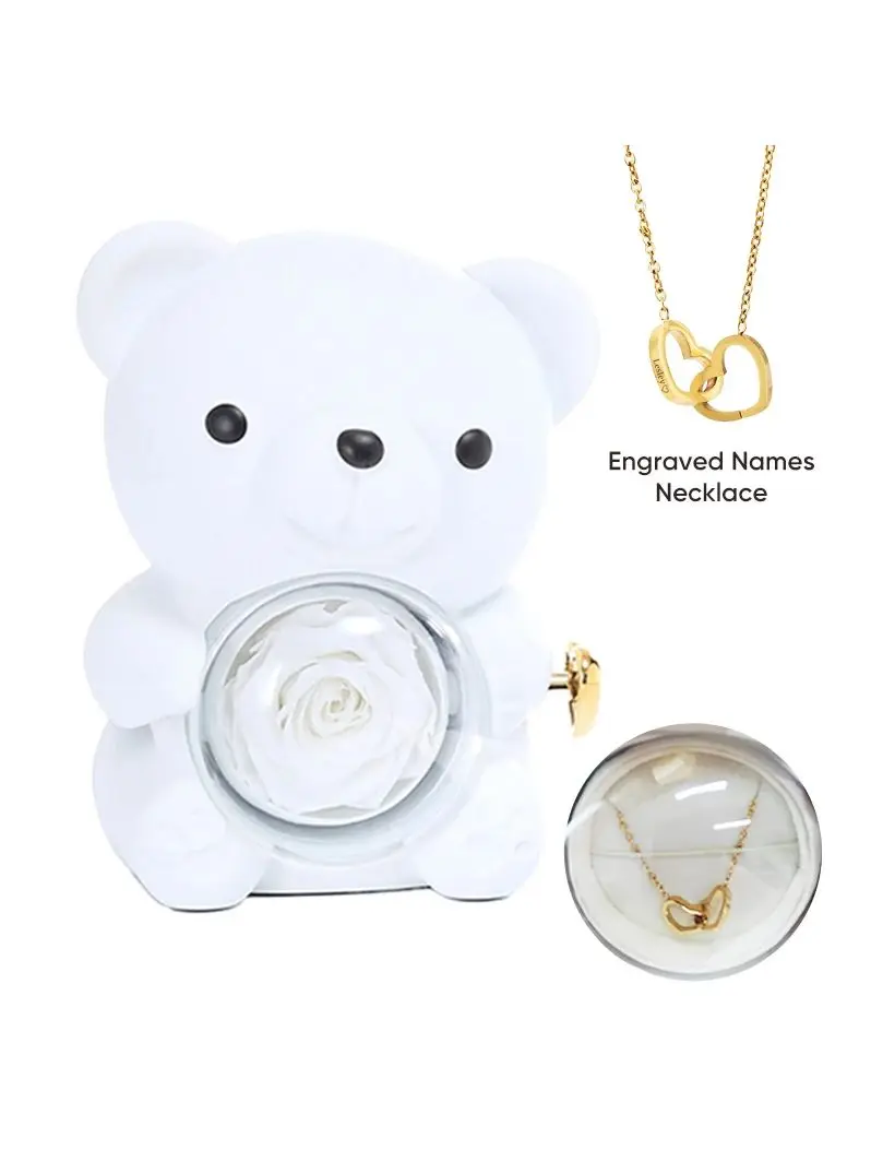 Eternal Rose Hug Bear Gift Box with Heart engraved name necklace Birthday anniversary gift for girls