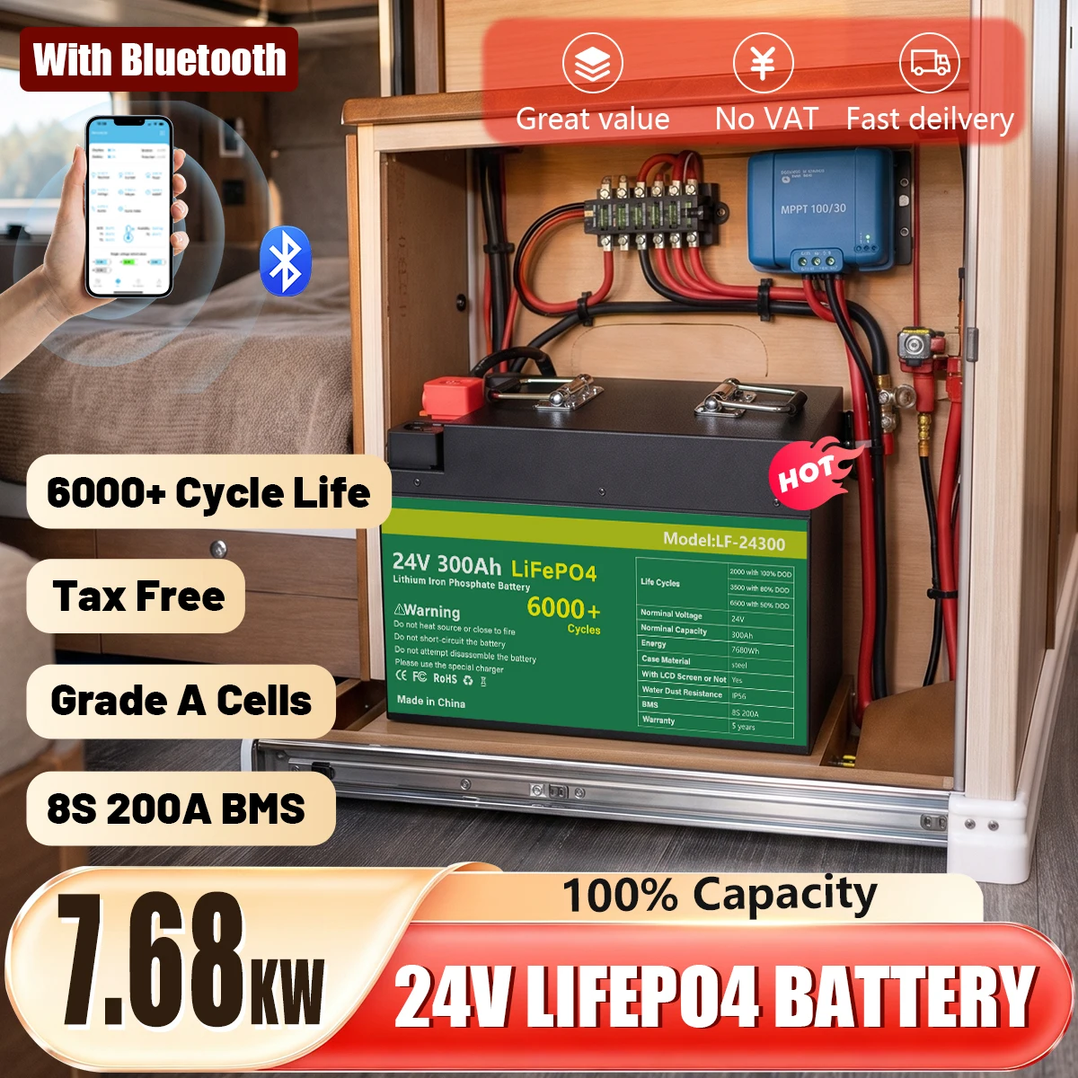 LiFePO4 Batterie 24V 300Ah 7.68KW 25.6V Neue Grade-A-Zellen 8S 200A Bluetooth BMS für Wohnmobil Solar 10 Jahre Garantie EU Keine Steuern