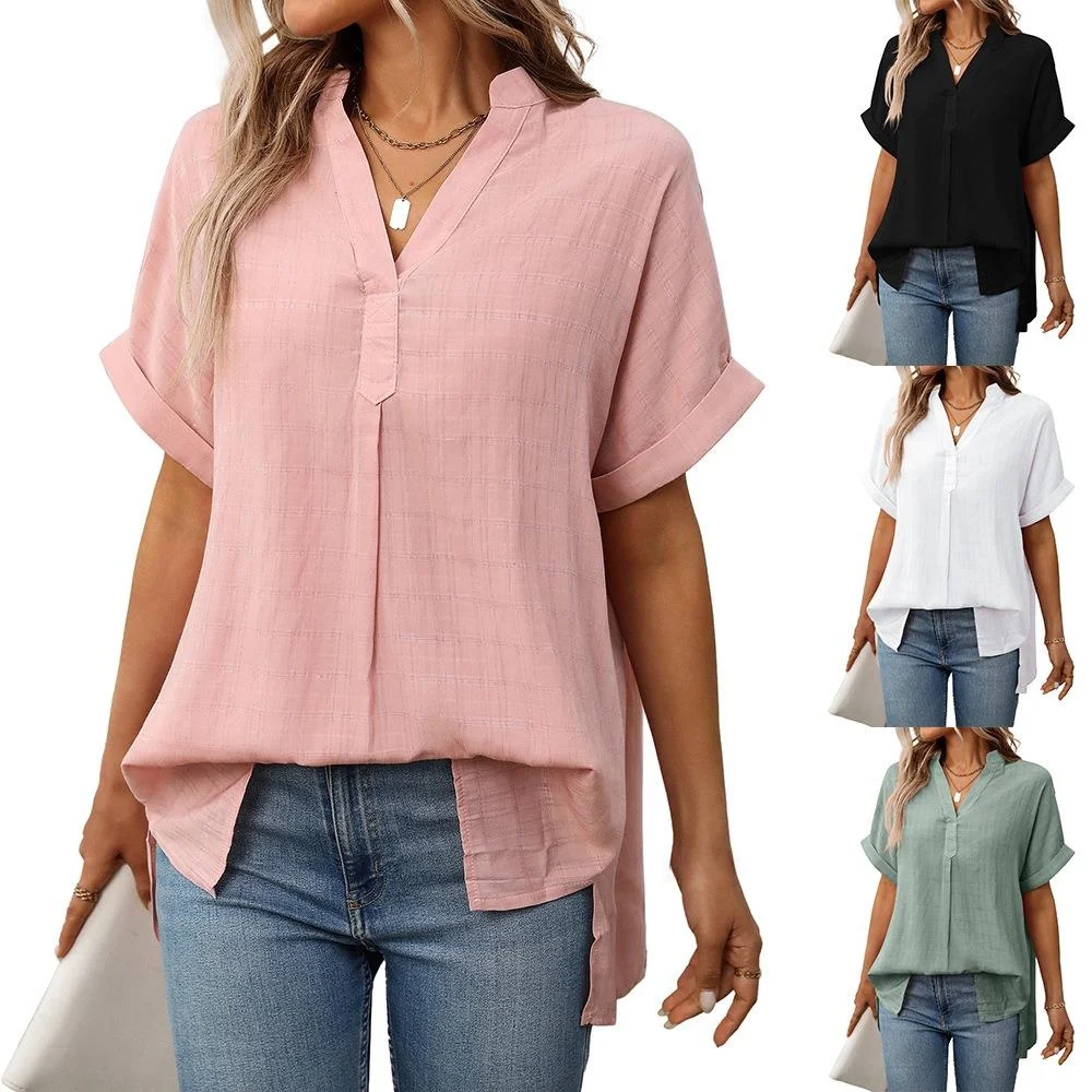 

Summer 2025 Women's Loose Striped Shirt V-Neck Short Sleeve Plaid Pattern Artistic Style Polyester Fiber Non-Shrinking