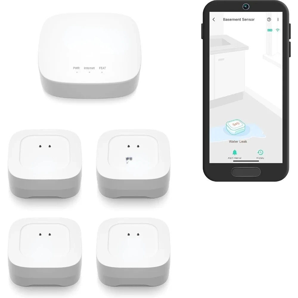 Smart Home Starter Kit: Hub & Water Leak Sensor 4 with 105dB Audio Alarm 4-Pack, SMS/Text, Email & Push Notifications