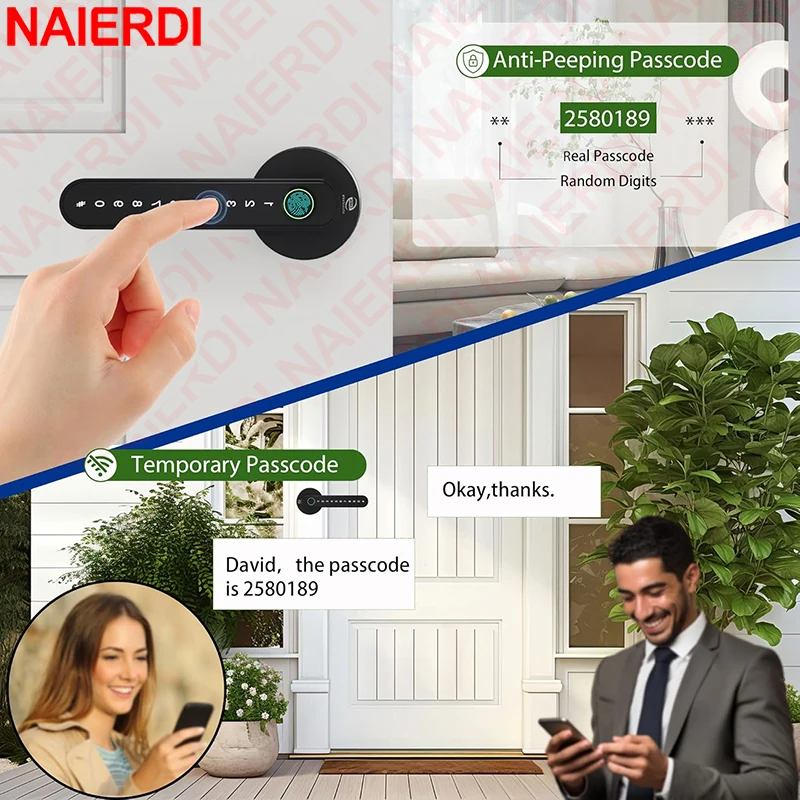 NAIERDI قفل الباب الذكي ببصمة الإصبع Tuya APP بلوتوث لوحة المفاتيح بطاقة دخول قفل الباب مع مقبض لغرفة نوم شقة المنزل