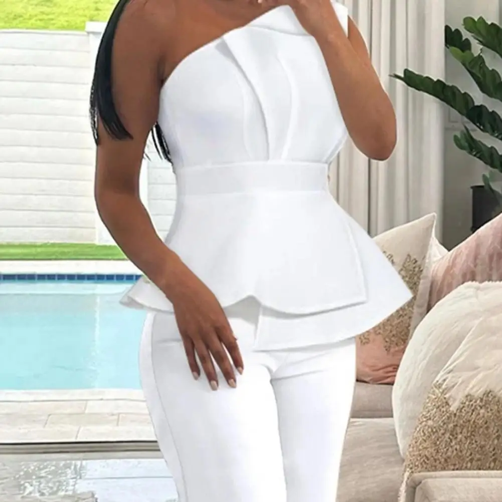 Conjunto de Top y pantalón para mujer, traje elegante de un hombro, traje Formal para fiesta, banquete, diseño de cuello inclinado, cintura ajustada