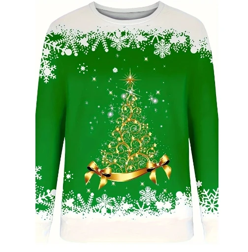 Women's Sweatershirt 2024 Autumn Winter Latest 3D Effect Christmas Tree Print Long Sleeves Top Round Neck Comfortable Pullover