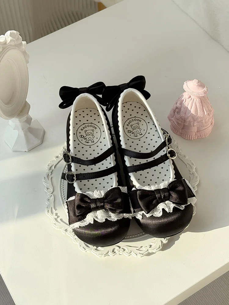 2025 New Japanese Girl Original Lolita High Heels Round Head Satin Cute Lace Bow Doll Jk Uniform Low Heel Mary Jane Single Shoes
