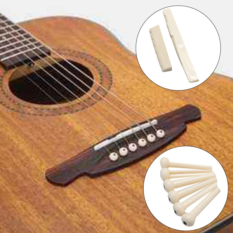 6 perni a ponte + sella + sella a ponte osso/osso chitarra acustica bianca