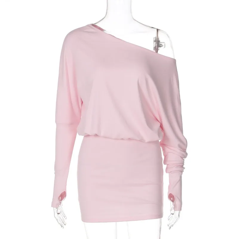 Mini robe transparente à épaules dénudées pour femmes, Sexy, manches longues, froncée, Slim, robes de soirée, couleur unie, moulante, tenue de discothèque