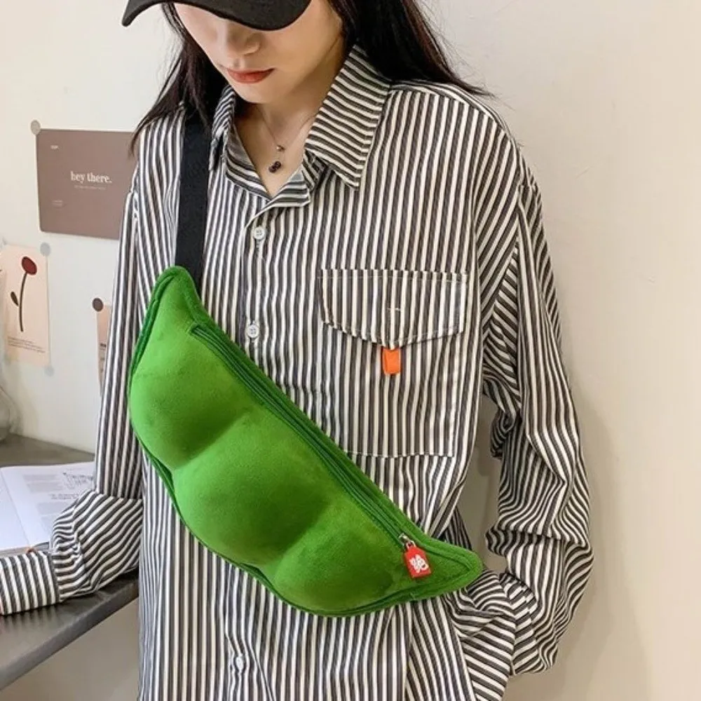 Bolso creativo con forma de Edamame, bolso de hombro verde con dibujos de soja, textura suave, cierre de cremallera, bolso mensajero, moda Harajuku