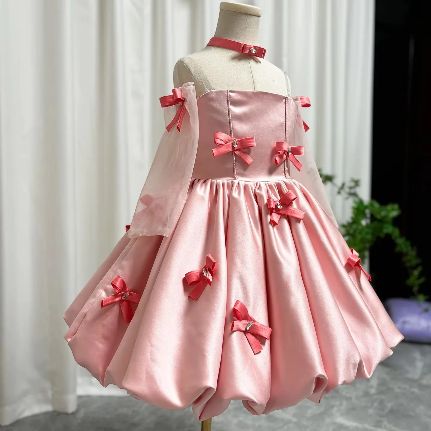 Jill Wish J100 Elegant Pink Arabic Flower Girl Dresses with Glove Dubai Backless for Kids Wedding Birthday Holiday Party Gown