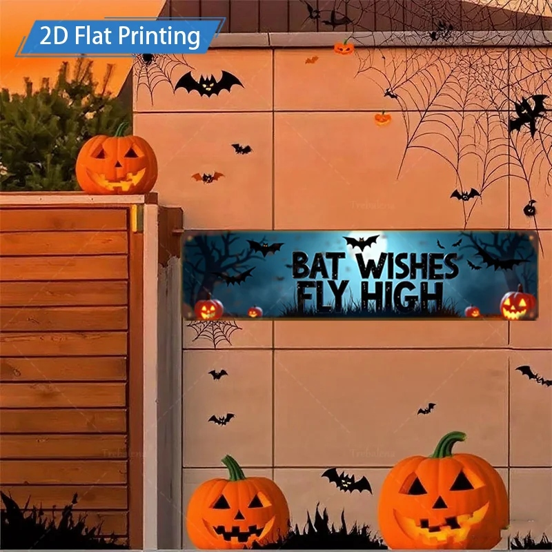 1 قطعة علامة معدنية ، 4x16 بوصة هالوين الخفافيش التمنيات يطير علامة عالية ، اليقطين وديكور الخفافيش لسياج الفناء #4