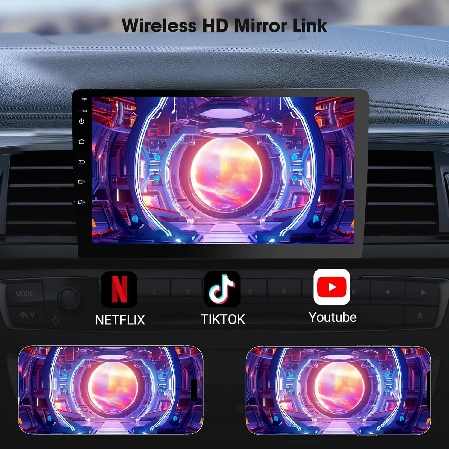 Estéreo de carro sem fio CarPlay e Android Auto de 9 polegadas com câmera de backup, navegação GPS, DIN duplo, ZLink