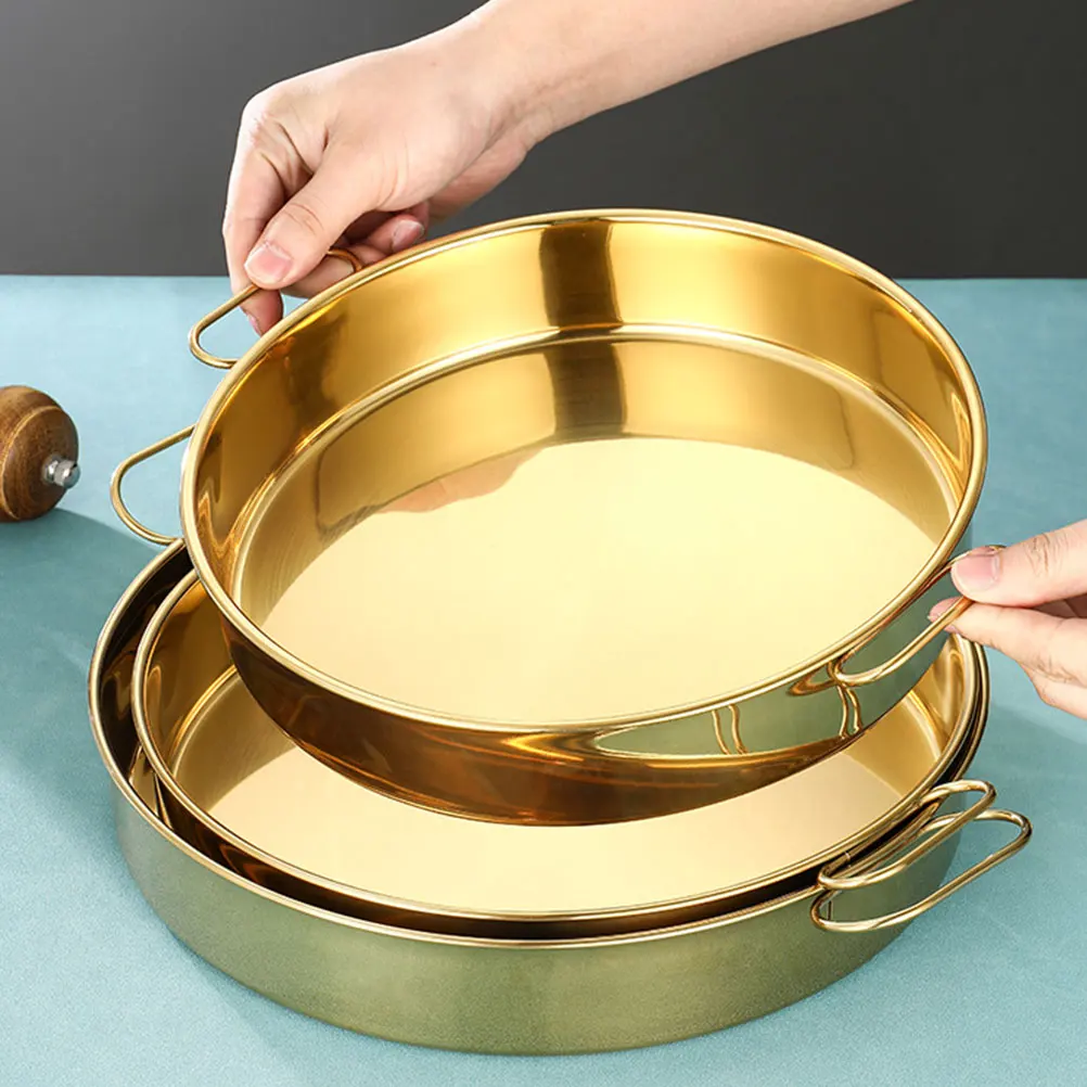 

Stainless Steel Steamer Plate 26cm Golden Round H Tray Cold Noodles Steamed Rice Fish Kitchen Home Dinner Fruit