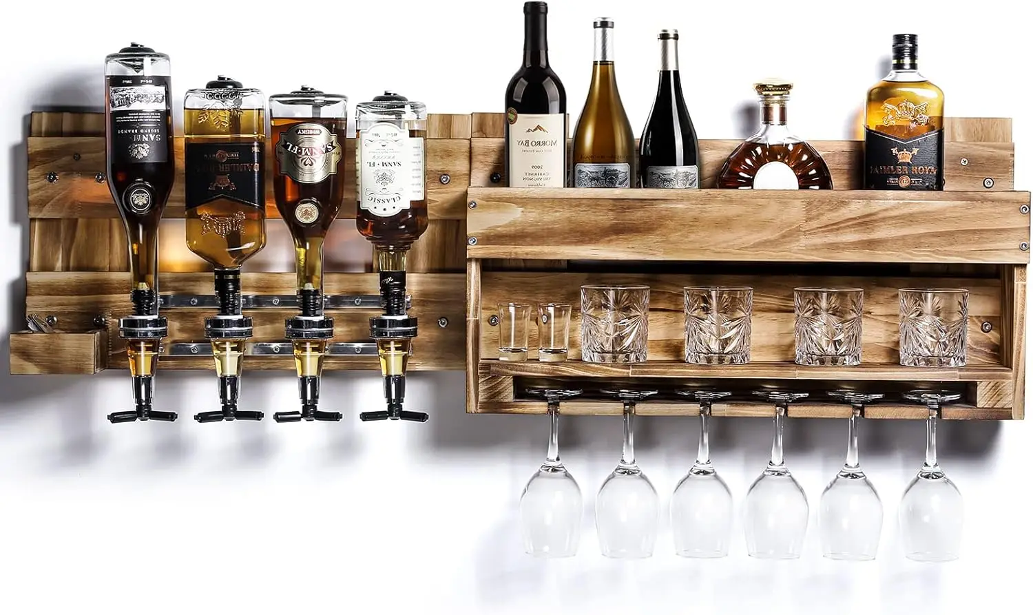 

Wooden Wall Mounted Wine Rack with Bottle Dispenser and Glass Holder for Home Bar Kitchen Decor