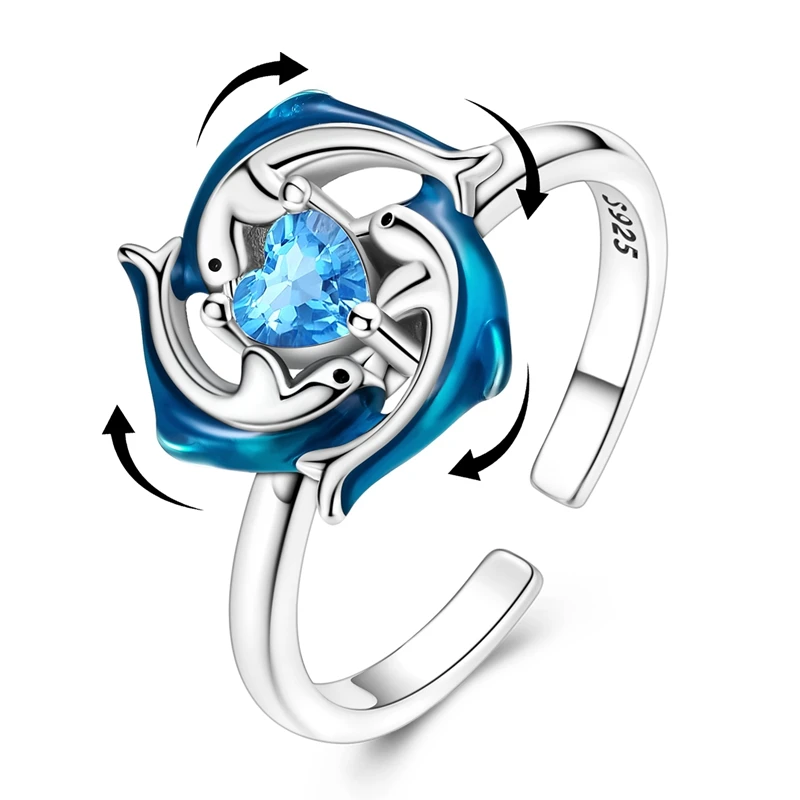

Original 925 Sterling Silver Spinning Dolphin Parent-Child Open Rings For Women Girls Jewelry Birthday Anniversary Gifts