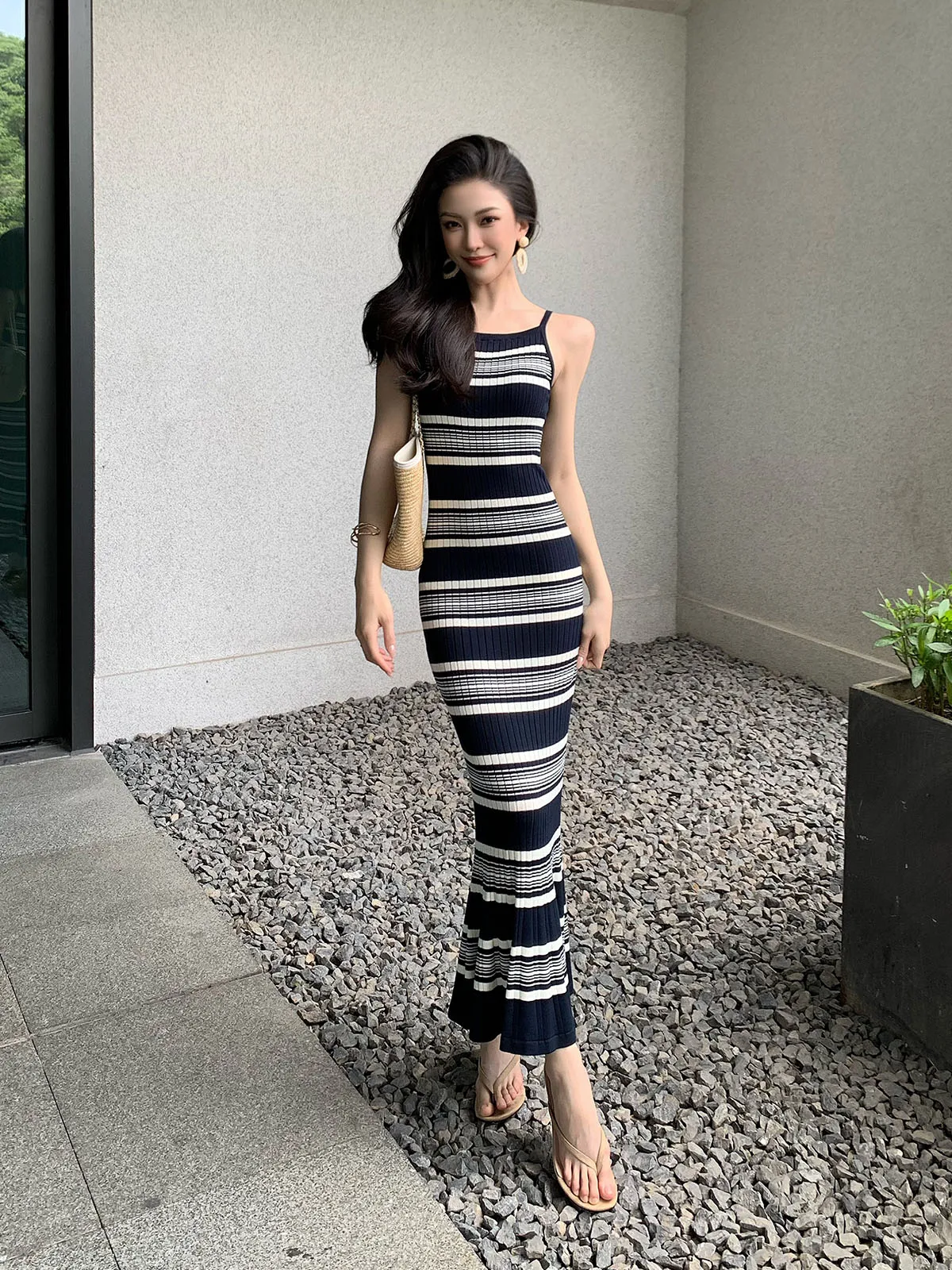 

Летнее женское платье без бретелек с полосатым узором JIJINQI в корейском стиле, приталенное, без рукавов, универсальное, для повседневной носки, длинное