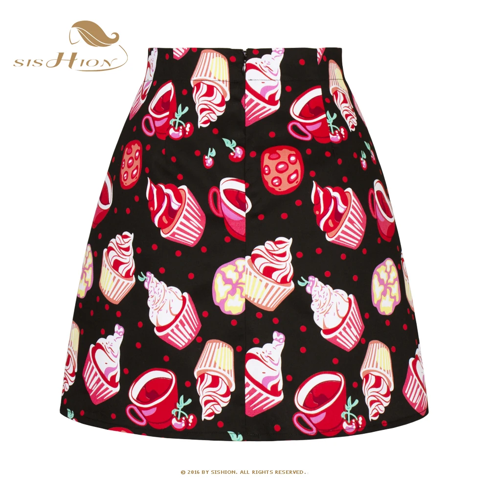 SISHION Black Cherry Print Summer Women Sexy Skirt SS0008 High Waist Cupcake Polka Dots 50s 60s Retro Vintage Mini Skirts