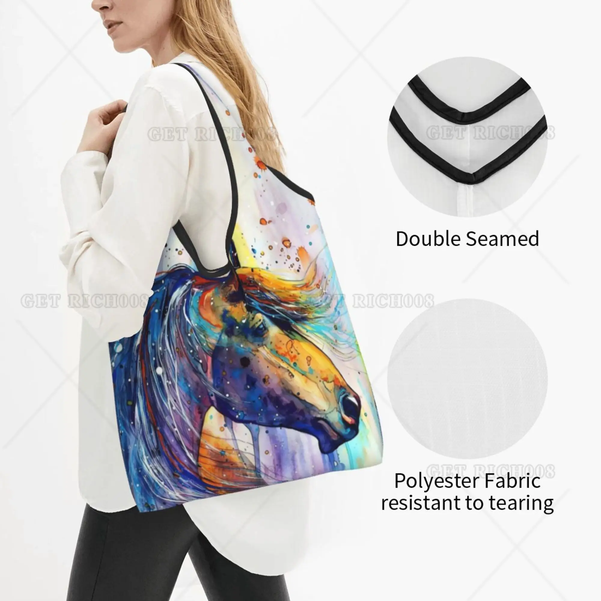 Bolso de compras plegable abstracto de caballo colorido para mujer, bolsos de mano para supermercado al aire libre, sin cremallera, moda, un tamaño, ecológico