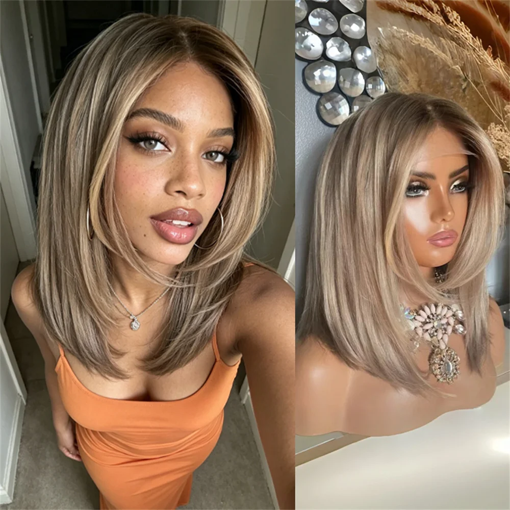 Natürliche Aschblonde Lace-Front-Perücke für Frauen, Klebefreie Kurze Bob-Perücke, Vorgezupft mit Dunklem Ansatz, Synthetisches Haar für Party und Alltag