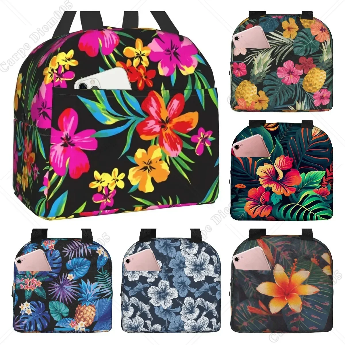 Hawaiian Pattern Flower Portable Lunch Bag Insulated Cooler Tote Box for Travel Picnic Work One Size for Men Women