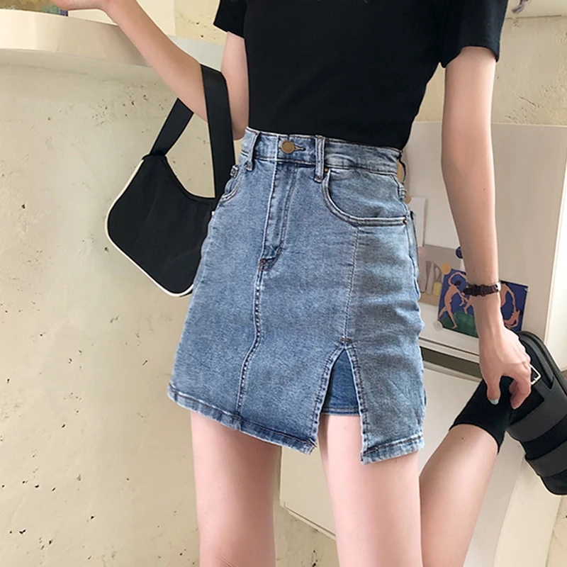 

2023 Summer New Korean Simple Girl Fashion Side Slit High Waist Denim Mini Skirt with Chic A line Jeans for Women