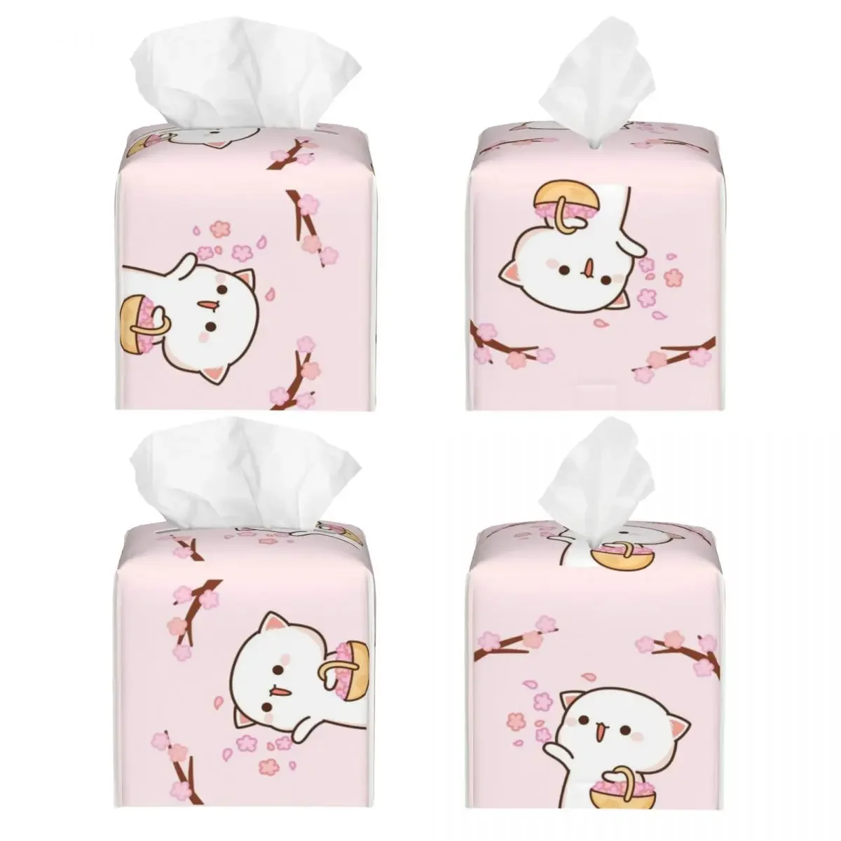 Custom Kawaii Mochi Cat Peach And Goma Tissue Box Cover for Bathroom Car Square PU Leather Facial Tissue Box Holder