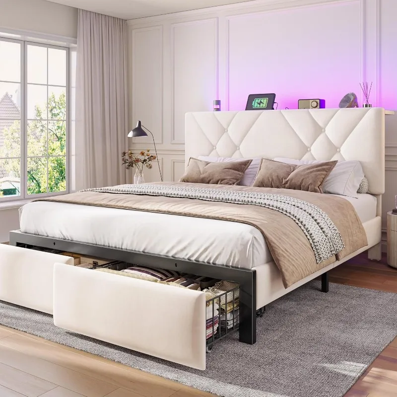

Каркас кровати размера «queen-size» с изголовьем для хранения вещей и 2 ящиками, бархатное изголовье с обивкой на пуговицах, светодиодная подсветка