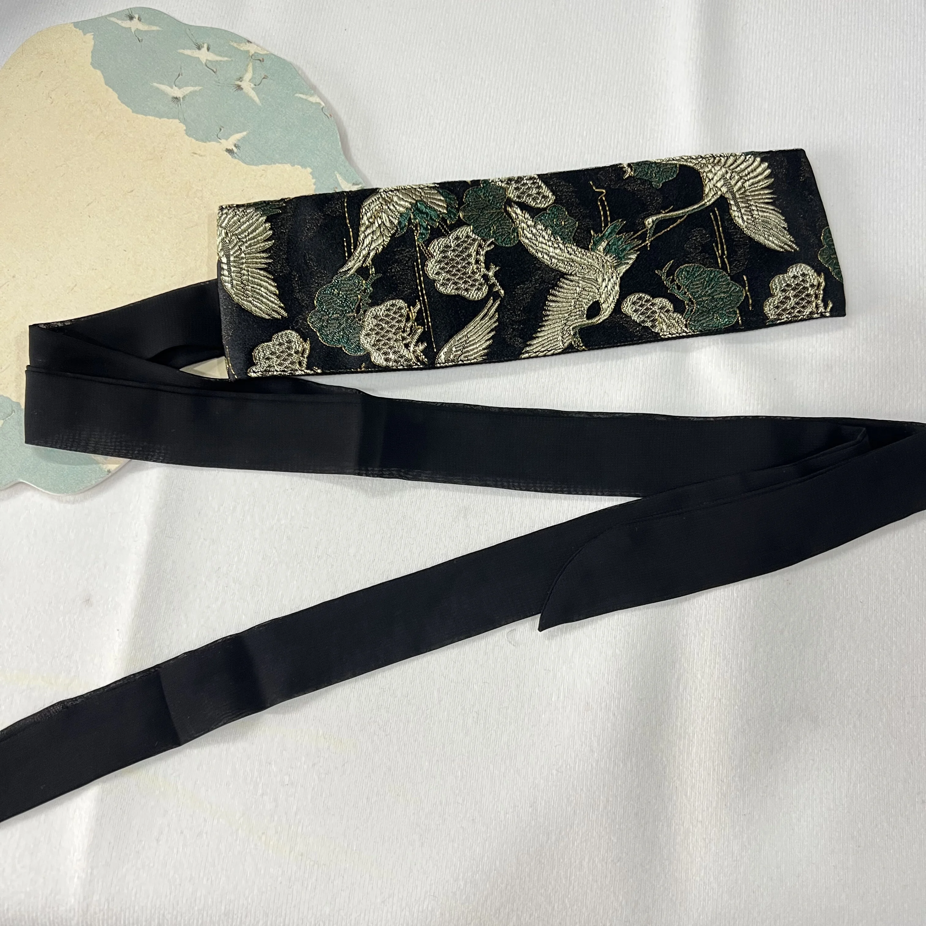 Women Adjustable Black Brocade Crane Pattern Vintage Chinese Hanfu Style Obi Belt Waist Cincher For Daily Wear Cosplay 8cm 10cm