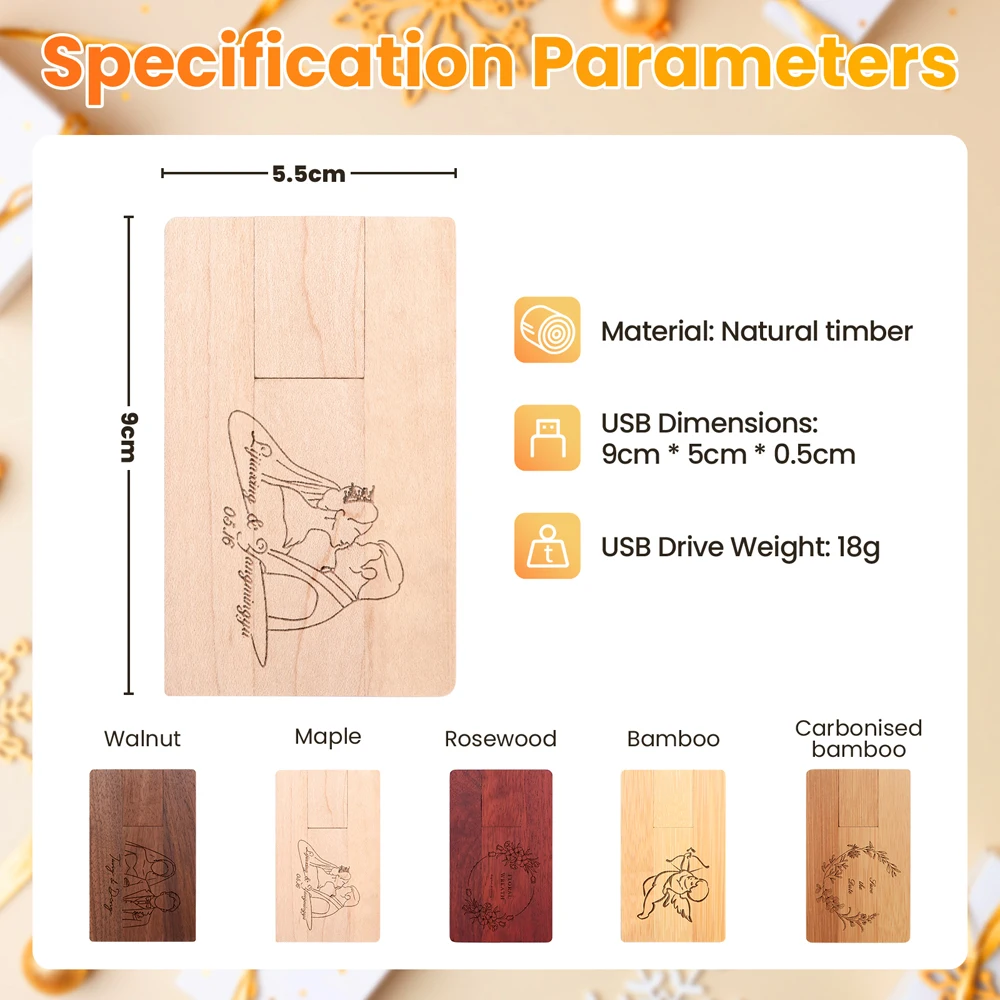 Wooden Card USB Flash Drive Memory Stick Free Custom Logo Pen Drive Storage Device Pendrive 128GB 64GB 32GB 16GB Creative Gift