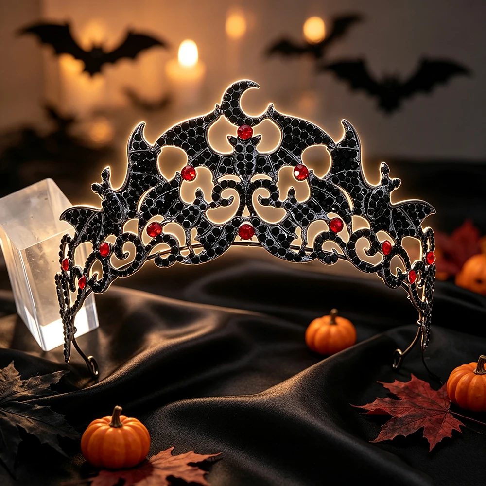 Gothic Bat Crescent Moon Tiara Crown Vintage Black Metal Witch Headband Halloween Cosplay Masquerade Hair Accessories for Women view 6