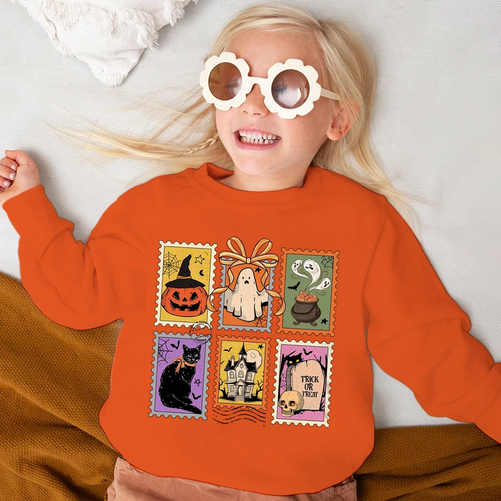

Halloween Cat Ghost Sweatshirt Children kids Casual Graphic Long Sleeve Crewneck Pullovers Happy Halloween Sweatshirts Gifts