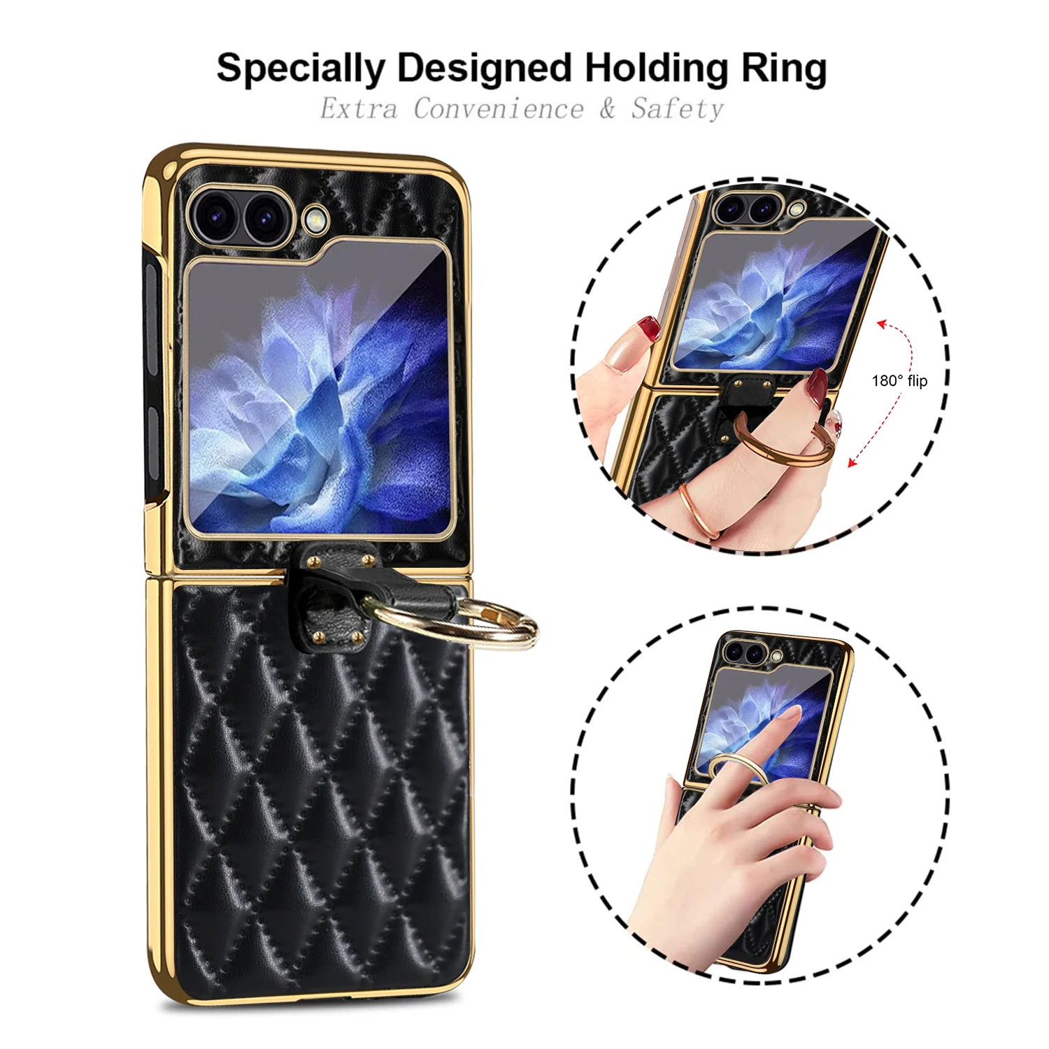 Vietao-z flip 6 mobile phone cover with ring holder, leather plating phone case with screen protector for galaxy flip5 4 3 black