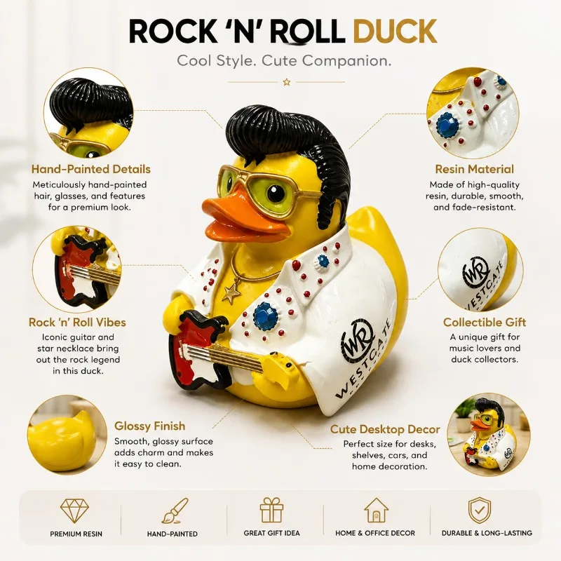 Rock Star Duck Resin Figurine With Guitar, Elvis‑Style Collectible Duck Statue, Home Desk Decor Ornament, Unique Gift For  Fans