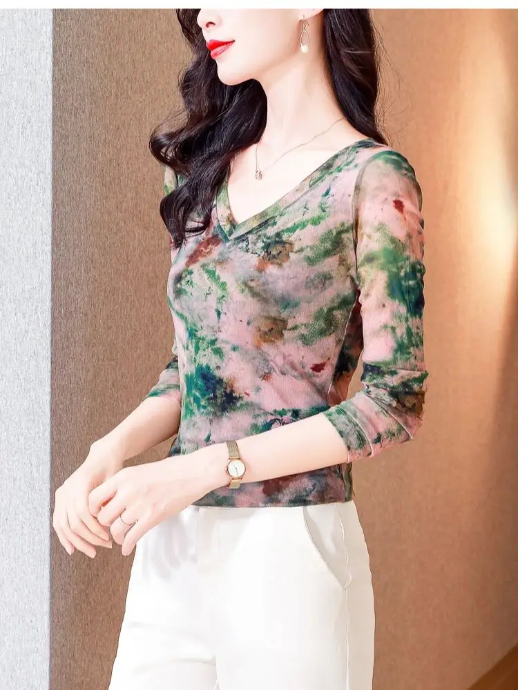 Moda damska nowa siateczkowa koszulka M-3XL podstawowy dekolt w serek z długim rękawem t-shirty damskie Slim Stretch najniższy top Tees Ladies — zdjęcie 6