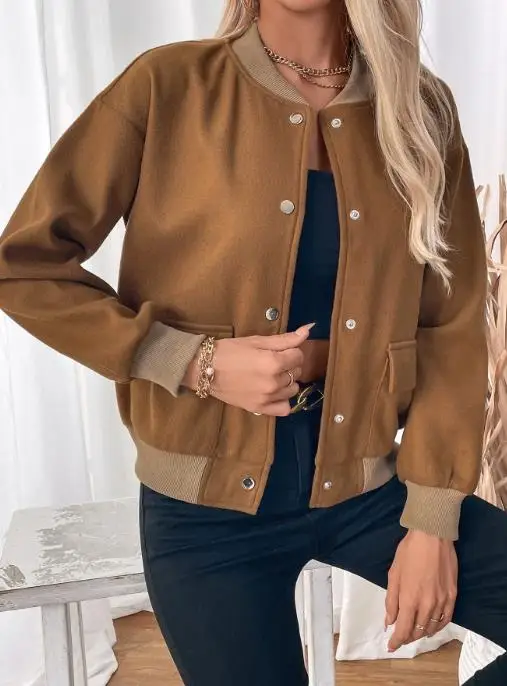 Autumn and Winter Stand Up Collar Cardigan Women's Pocket Jacket Fashionable High Street Style Contrasting Color Splicing Jacket