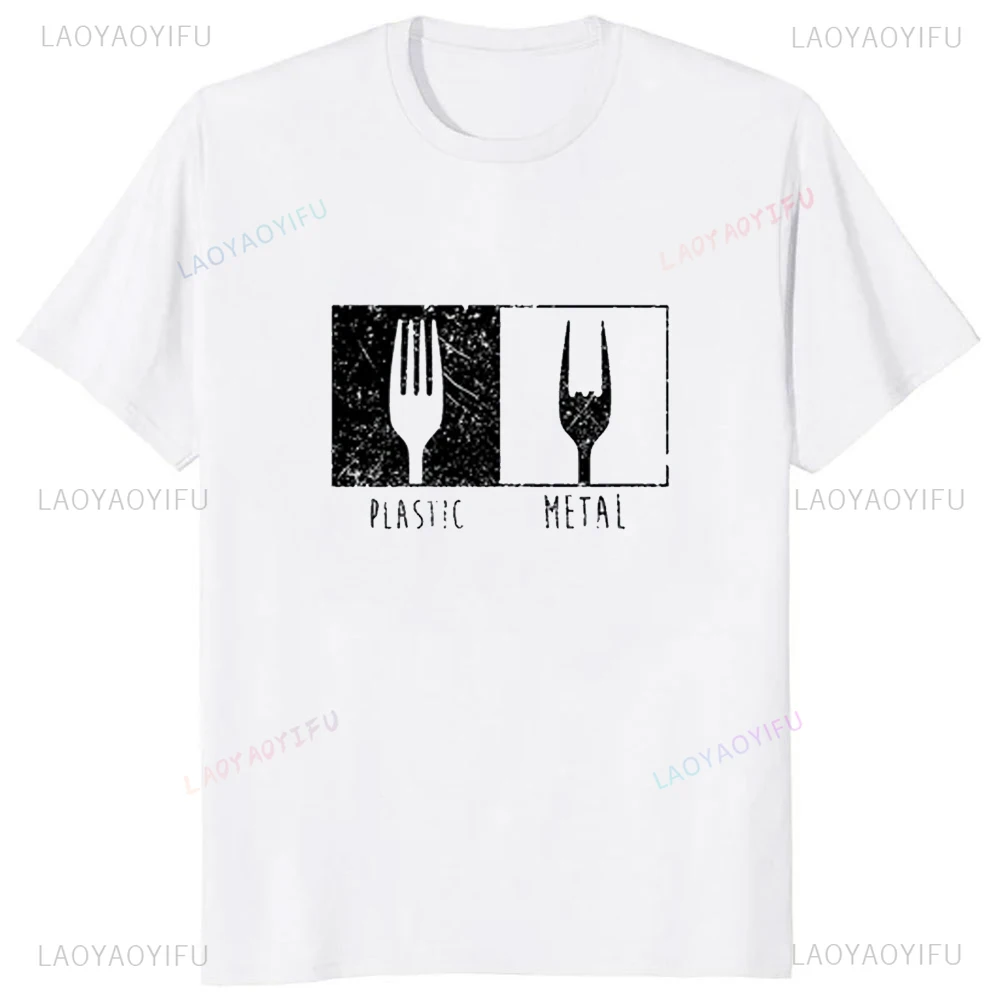 Funny Printed Everyday Objects Pattern Metal Plastic Fork T Shirt Streetwear Casual Fashion Loose T-Shirts Breathable Clothing