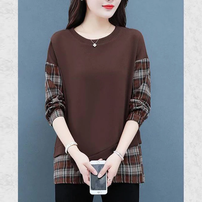

Женские трендовые корейские винтажные Лоскутная с клетчатым принтом Y2K уличная одежда, осенние женские повседневные свободные пуловеры с длинным рукавом, топы