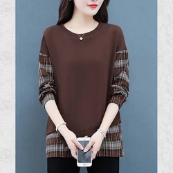 Women Trend Korean Vintage Plaid Print Patchwork Y2K Streetwear Sweatshirts Autumn Female Casual Long Sleeve Loose Pullover Tops