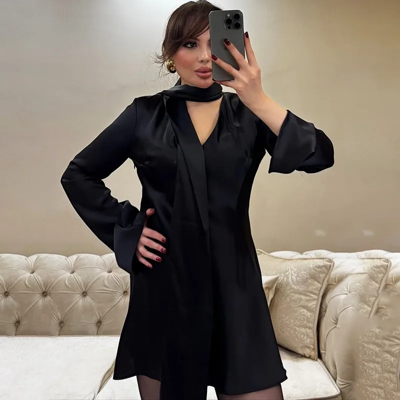 Ticketsx Fashion Satin Scarf Dress Women Solid V Neck Patchwork Lace Up Slim Dress Elegant Female Commuter High Street Vestidos