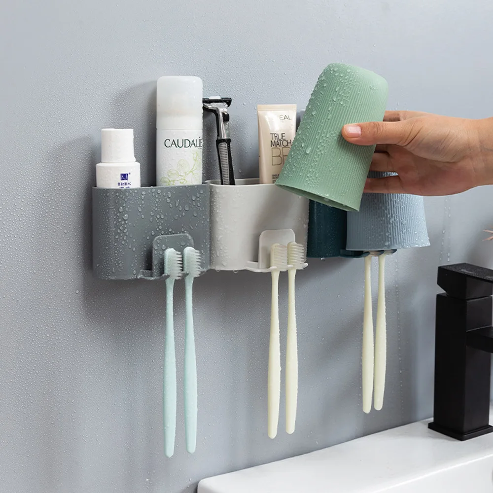 1Pc Toothpaste Toothbrush Storage Holder Wall-Mounted Bathroom Hanging Tooth Cup Rack Multifunctional Shower Room Organizer Box