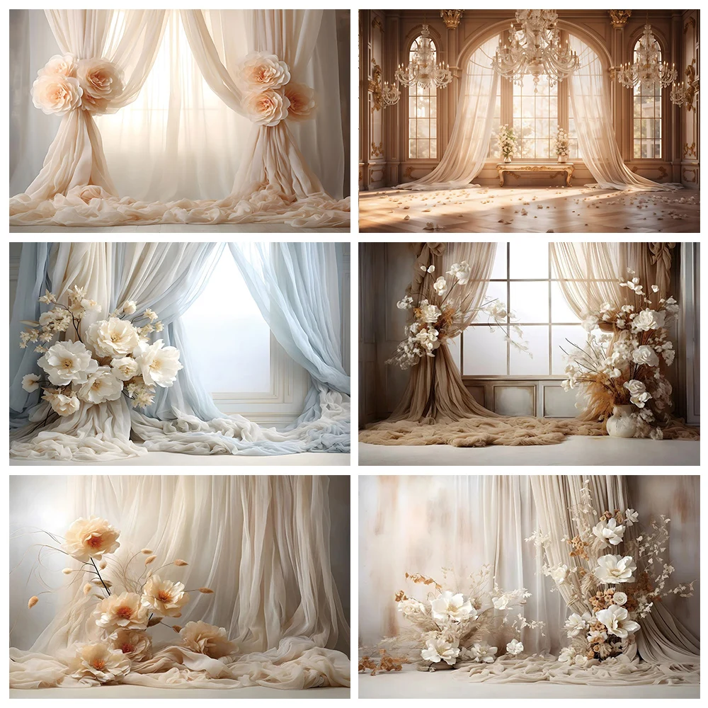 Vintage Interior Window Curtain Flowers Wedding Backdrop Decor Pregnant  Newborn Portrait Photography Background Studio Props