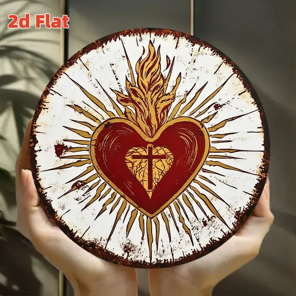 Sacred Heart in Flames Aluminum Sign-Vintage Gold Fire & Red Ribbon Design, Durable Indoor/Outdoor Wall Art for HomeCafe Garage