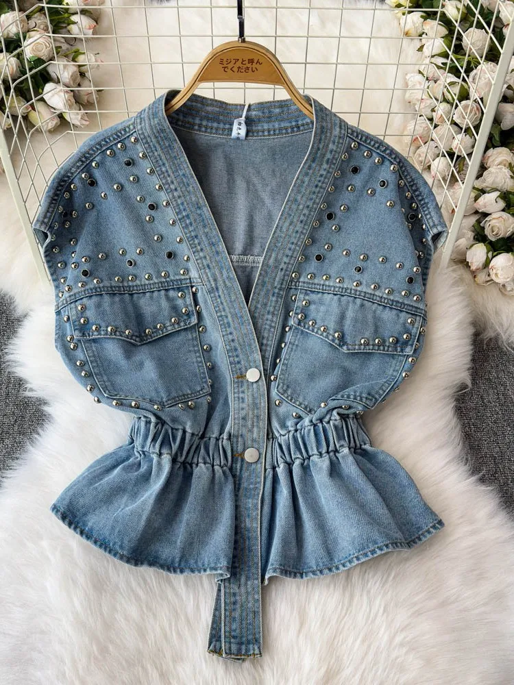 

Hong Kong Sle Denim Vest Women's Spring 50cm Small Size Waist Cinched Svel High End Beaded Vest Commute Friendly
