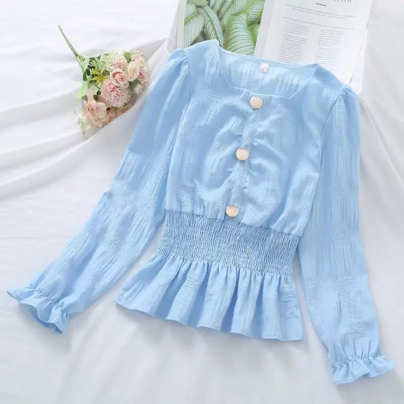 

2025 Sweet Solid Color Long Sleeve Shirt Women Blouses Spring Autumn Casual Slim Shirring Korean Fashion Top