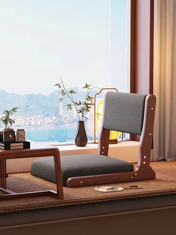 Japanese Solid Wood Folding Floor Chair, Tatami Bay Window Lazy Seat with Backrest