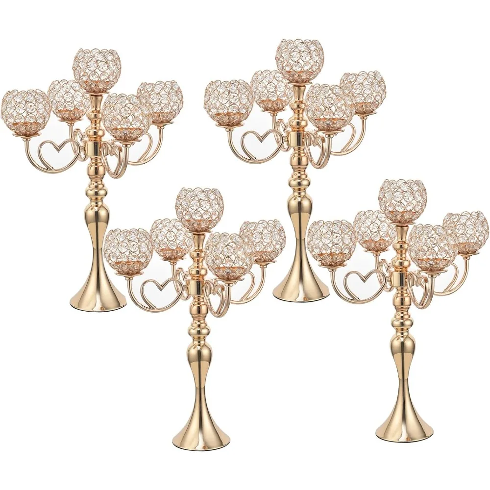 4-piece Set of Golden Crystal Wedding Candle Holders, 5-arm Candle Holders Used for Formal Event Decoration on Wedding Tables