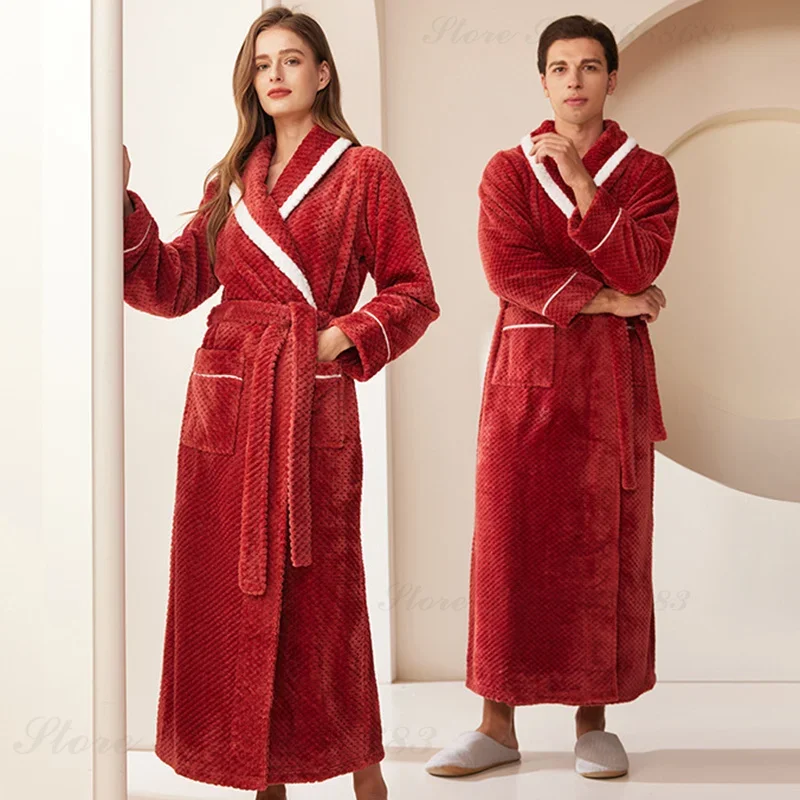 Albornoz Kimono de lana de Coral cálido para hombre, bata larga de franela gruesa, ropa de dormir para el hogar, ropa de dormir suelta, Otoño e