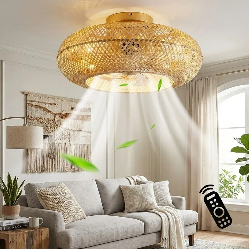 Bamboo Vine Ceiling Fan Light Remote Control Cage Ceiling Fan Light Enclosed Ceiling Fan Invisible Blade Retractable Ceiling Fan
